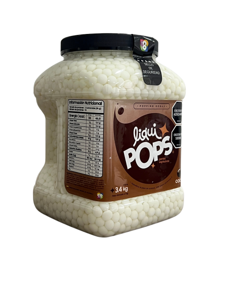 Tarro LiquiPops Coco 3400g — perlas explosivas en almíbar, fondo blanco